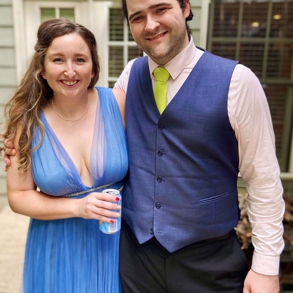 V Neck and Back Slate Blue Beaded Tulle Dress - Picture 5 of 5